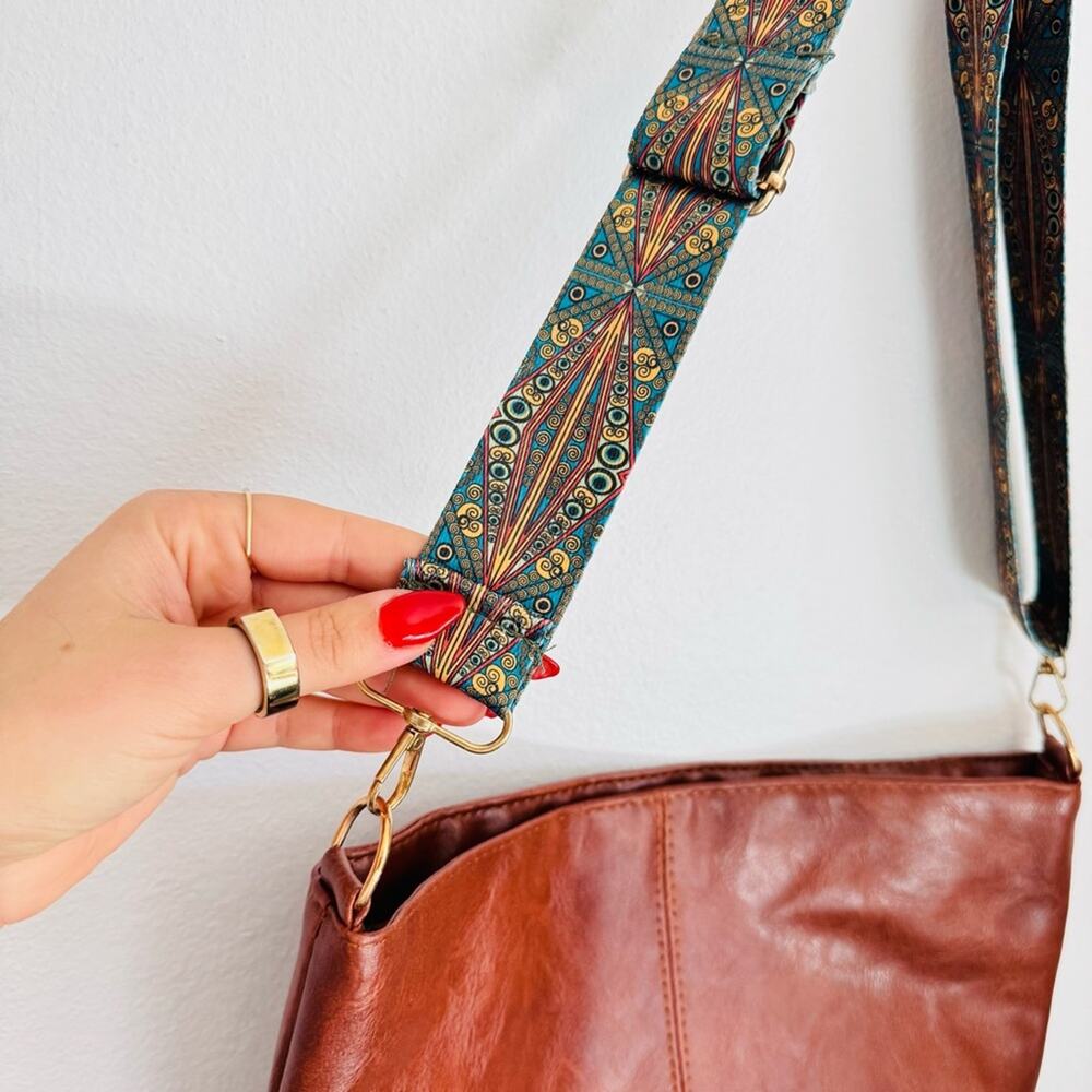 NEW FREE PEOPLE Brown Vegan Faux Leather Blue Strap Purse Tote Shoulder Bag - Picture 3 of 12
